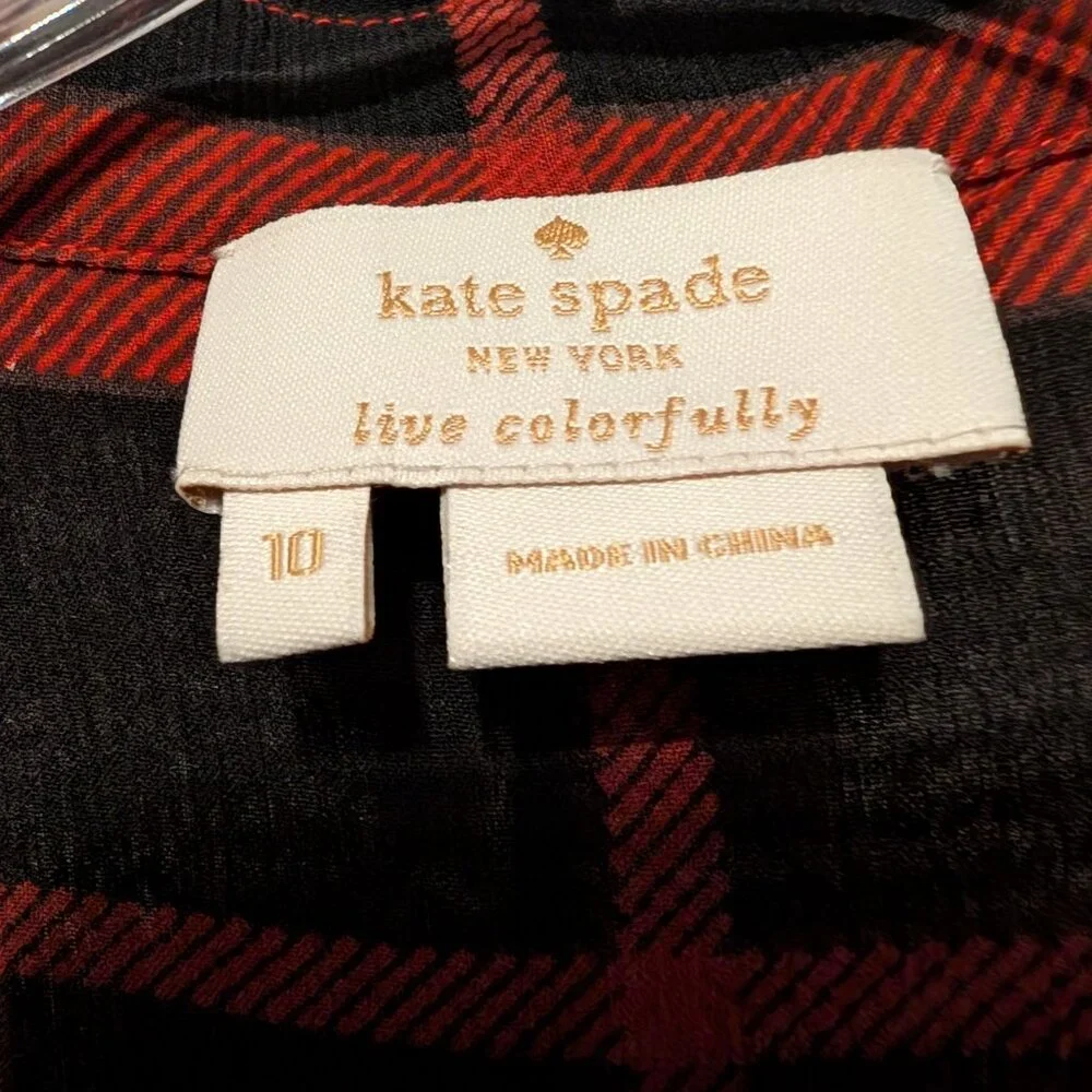 Kate Spade Plaid Silk Chiffon Ruffled Blouse, Size 10 - Picture 3 of 13